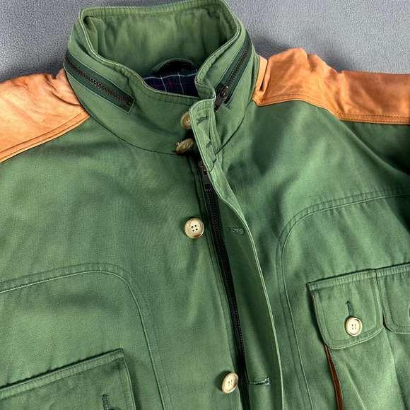 Willis Geiger Jacket Mens Large Green Leather Elbow Patch Field Chore Safari - Picture 7 of 16